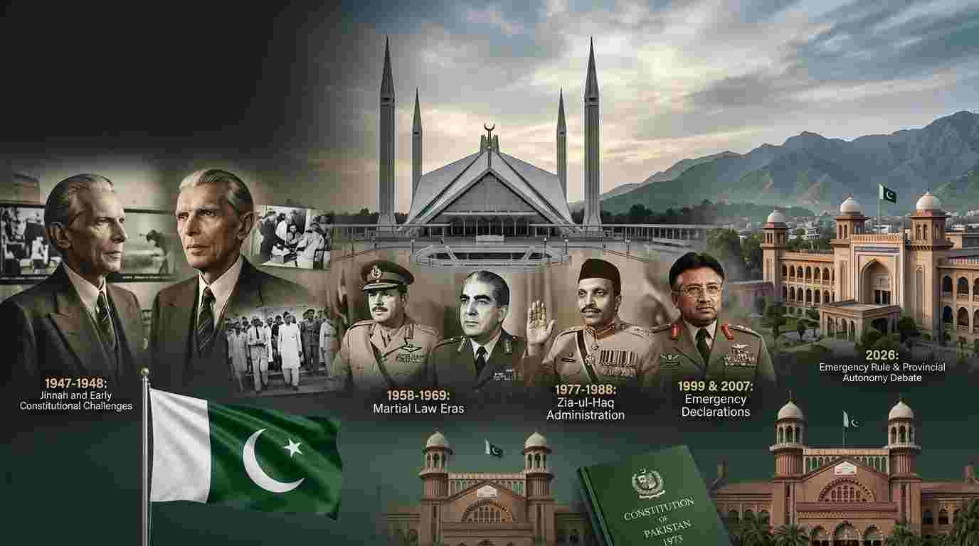 Pakistan’s history of emergency rule, martial law and constitutional crises from 1948 to 2026.