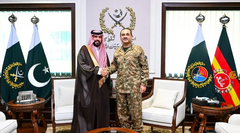 Saudi Arabia's Ambassador to Pakistan Dr Rajeh Tami Albugamy meets Chief of Defence Forces and Chief of Army Staff Field Marshal Asim Munir at General Headquarters in Rawalpindi on October 19, 2026. — Photo courtesy ISPR