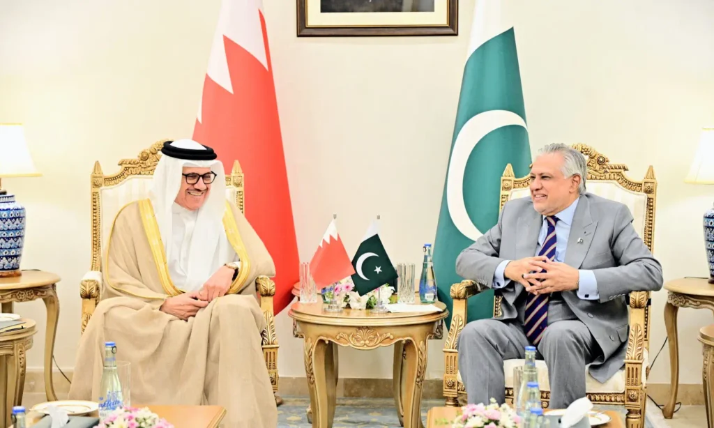 Deputy Prime Minister Ishaq Dar discussing Pakistan Bahrain trade expansion with Foreign Minister Abdullatif bin Rashid Al Zayani in Islamabad.